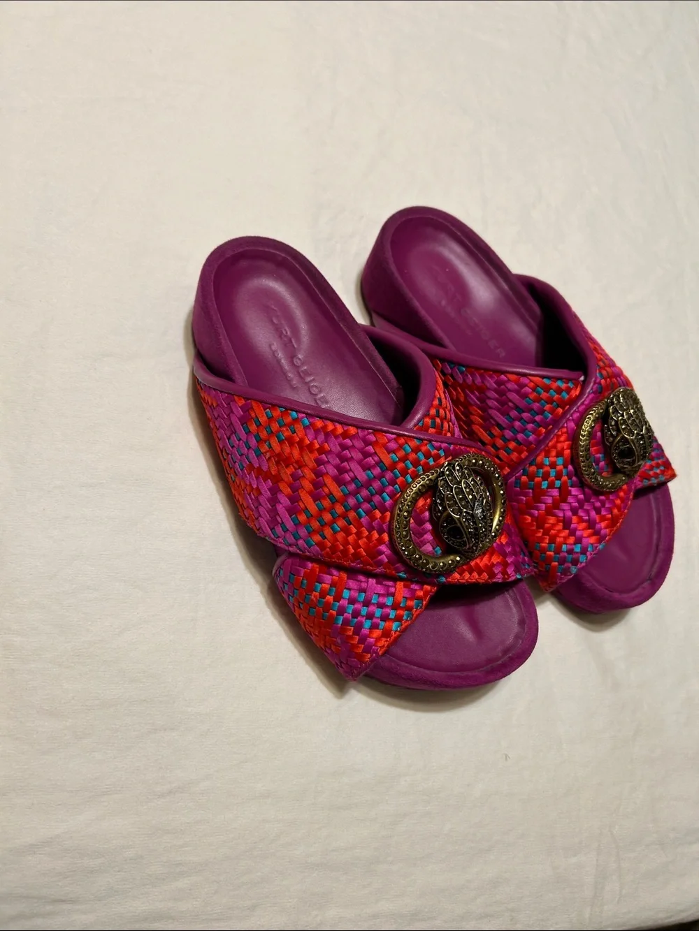 Kurt Geiger Pink Woven Slide Sandals with Decorative Gold Medallion
